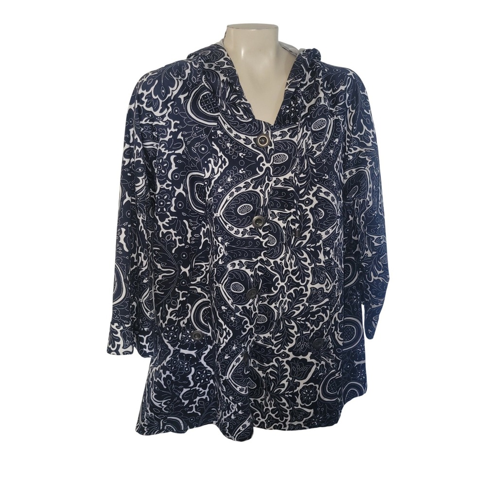 For Cynthia Woman 1X Navy White geometric Print Button Front Hooded Jacket mom